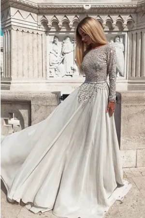A-Line Bateau Long Sleeves Backless Prom/Evening Dress with Beading  OHC168