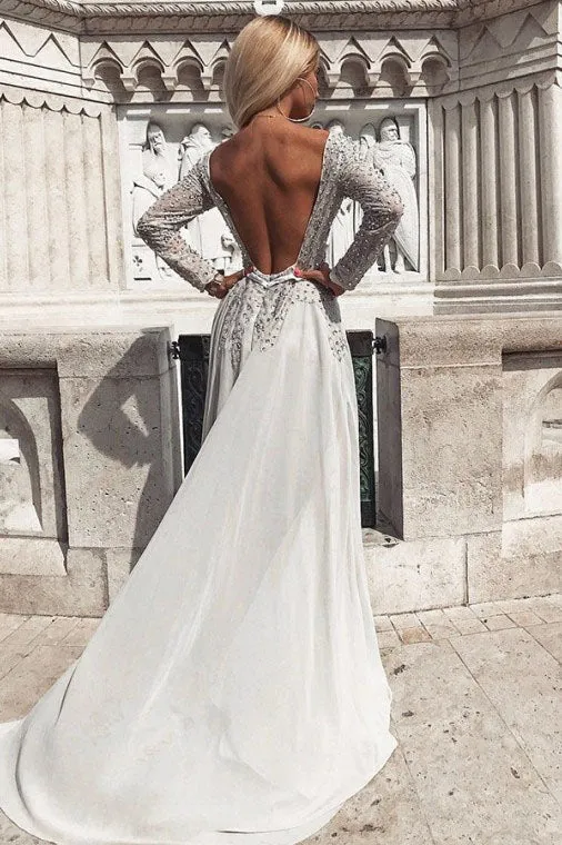 A-Line Bateau Long Sleeves Backless Prom/Evening Dress with Beading  OHC168