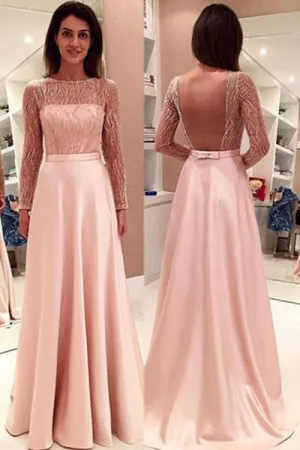 A-line Bateau Long Sleeves Sweep Train Backless Pink Prom Dress with Beading LPD029
