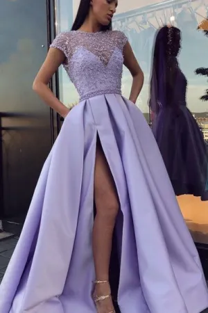 A-Line Crew Cap Sleeves Open Back Lilac Beaded Long Prom Dress with Pockets Split L035