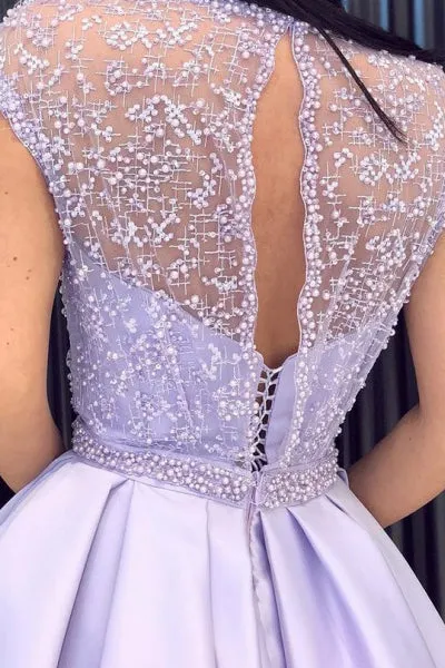 A-Line Crew Cap Sleeves Open Back Lilac Beaded Long Prom Dress with Pockets Split L035