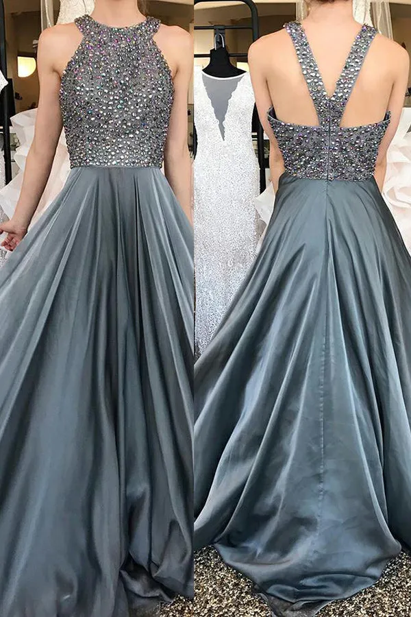 A-Line Crew Sweep Train Grey Sleeveless Chiffon Prom Dress with Beading Q14