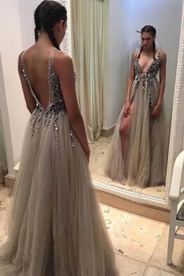 A-line Deep V-neck Backless Split Sweep Train Grey Prom Dress with Beading LPD039