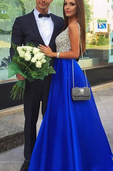 A-Line Deep V-Neck Floor-Length Royal Blue Prom Dress With Beading Pockets OHC015