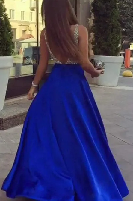 A-Line Deep V-Neck Floor-Length Royal Blue Prom Dress With Beading Pockets OHC015
