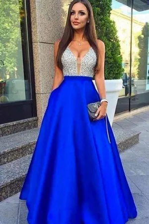 A-Line Deep V-Neck Floor-Length Royal Blue Prom Dress With Beading Pockets OHC015