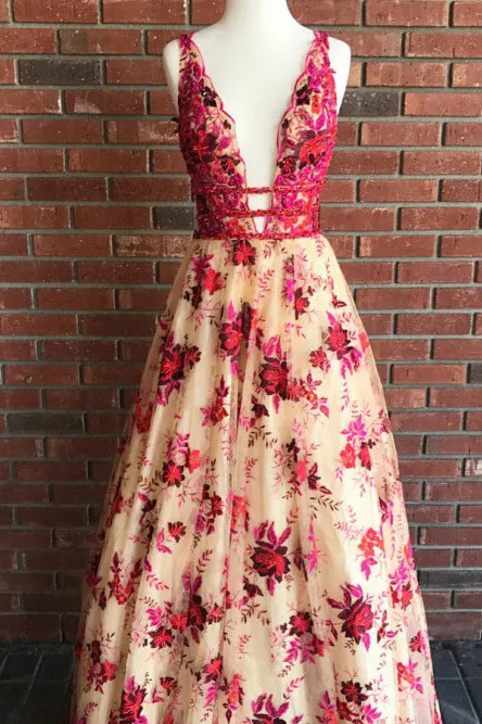 A-Line Deep V-Neck Light Champagne Prom Dress with Beading Appliques OHC101