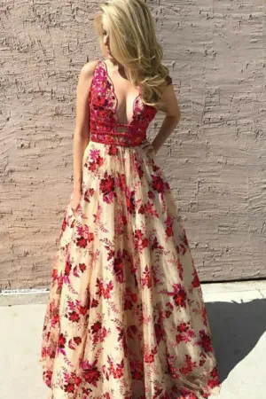 A-Line Deep V-Neck Light Champagne Prom Dress with Beading Appliques OHC101
