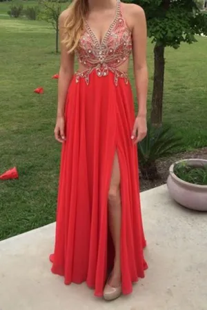 A-line Deep V-neck Open Back Split Floor Length Red Prom Dress with Beading P95