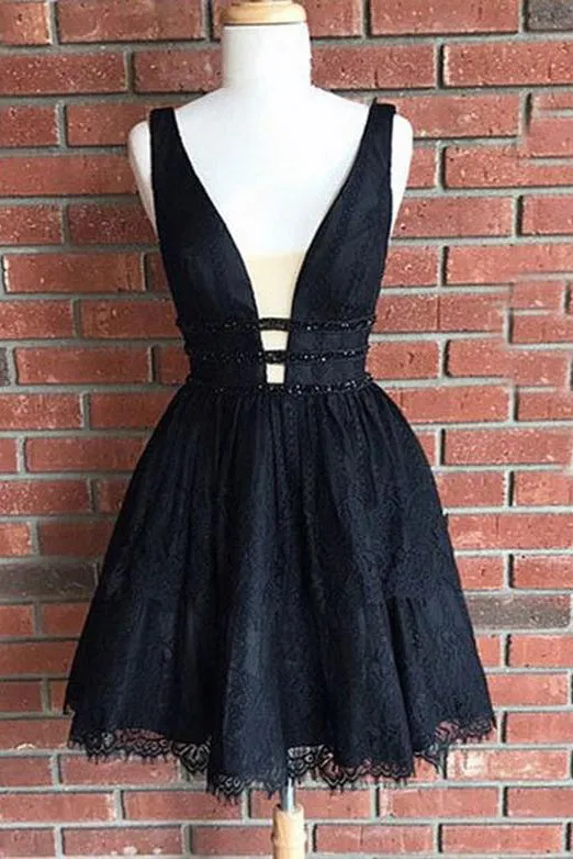 A-Line Deep V-Neck Short Black Lace Homecoming Cocktail Dress with Beading OHM009