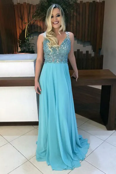 A-line Deep V-neck Sleeveless Sweep Train Backless Blue Prom Dress with Beading LPD034