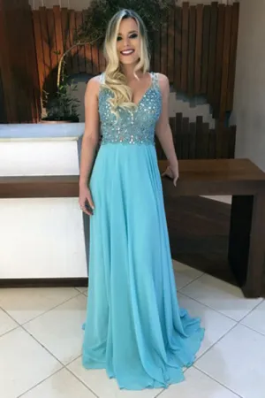 A-line Deep V-neck Sleeveless Sweep Train Backless Blue Prom Dress with Beading LPD034