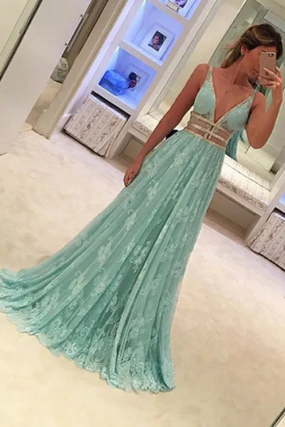 A-line Deep V-neck Sleeveless Sweep Train Mint Lace Prom Dress with Beading P87