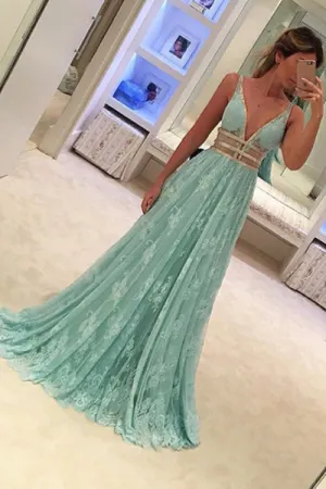 A-line Deep V-neck Sleeveless Sweep Train Mint Lace Prom Dress with Beading P87