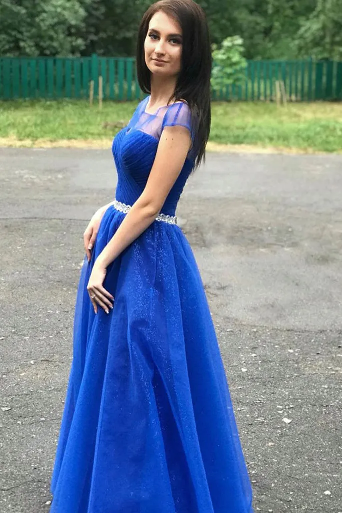 A Line Floor Length Royal Blue Tulle Cap Sleeve Long Prom Dress With Slit OHC366