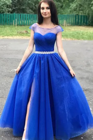A Line Floor Length Royal Blue Tulle Cap Sleeve Long Prom Dress With Slit OHC366
