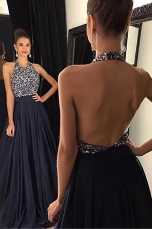 A-line Halter Sleeveless Sweep Train Backless Navy Blue Prom Dress with Beading LPD033