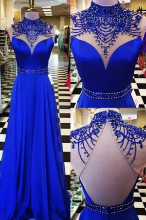 A-line High Neck Open Back Sweep Train Royal Blue Prom Dress with Beading P76