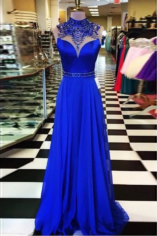 A-line High Neck Open Back Sweep Train Royal Blue Prom Dress with Beading P76