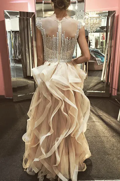A-Line Jewel Floor-Length Champagne Tulle Prom Dress with Beading Ruffles P33