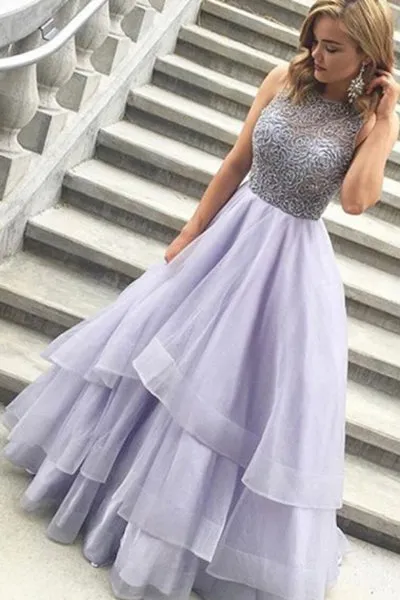 A-line Jewel Floor Length Tiered Lavender Prom Dress with Beading P82