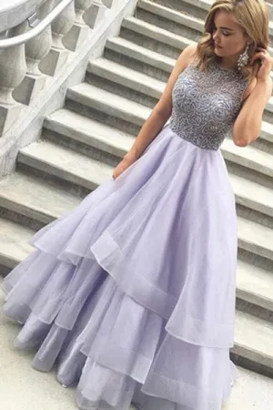 A-line Jewel Floor Length Tiered Lavender Prom Dress with Beading P82