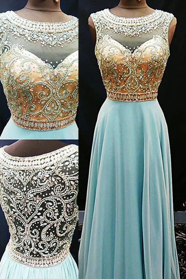 A-line Jewel Illusion Back Floor Length Light Blue Prom Dress with Beading P91
