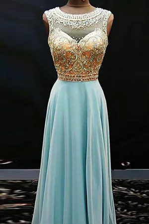 A-line Jewel Illusion Back Floor Length Light Blue Prom Dress with Beading P91