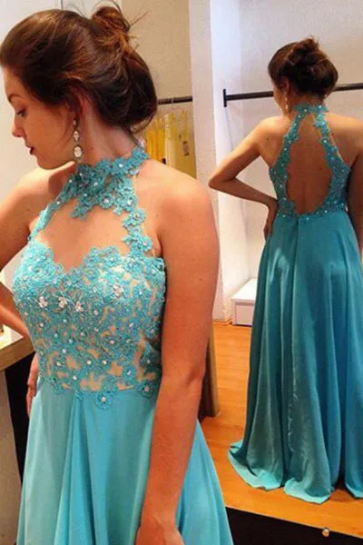 A-line Jewel Keyhole Open Back Sweep Train Blue Prom Dress with Beading Appliques LPD041