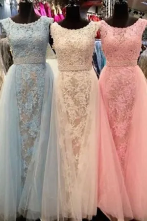 A-line Jewel Sleeveless Sweep Train Prom Dress with Lace Beading P86