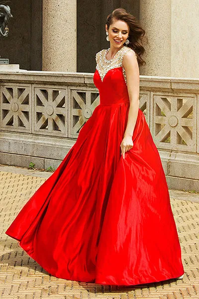 A-Line Jewel Sweep Train Red Satin Sleeveless Prom Dress with Beading Z10