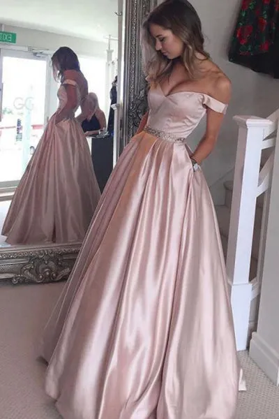 A-line Off the Shoulder Floor Length Pearl Pink Prom Dress with Beading Pleats P96