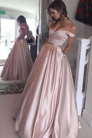 A-line Off the Shoulder Floor Length Pearl Pink Prom Dress with Beading Pleats P96