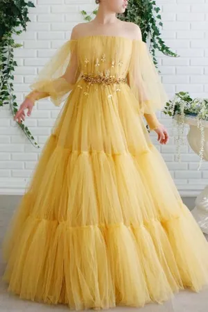 A Line Off The Shoulder Long Sleeves Lace Applique Beading Long Yellow Tulle Prom/Formal Dress OHC334