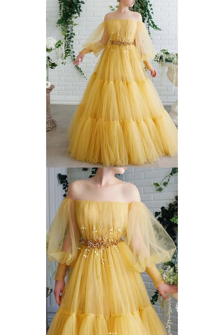 A Line Off The Shoulder Long Sleeves Lace Applique Beading Long Yellow Tulle Prom/Formal Dress OHC334