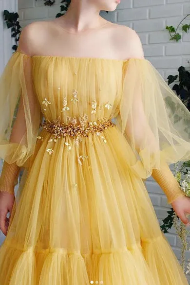 A Line Off The Shoulder Long Sleeves Lace Applique Beading Long Yellow Tulle Prom/Formal Dress OHC334