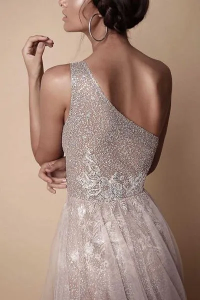 A-Line One-Shoulder Floor-Length Champagne Prom Dress with Beading Split LPD079
