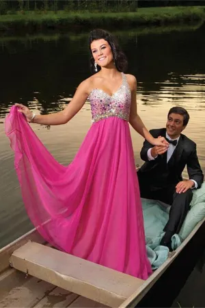 A Line One Shoulder Sweep Train Rhinestone Long Fuchsia Tulle Prom Dresses OHC524