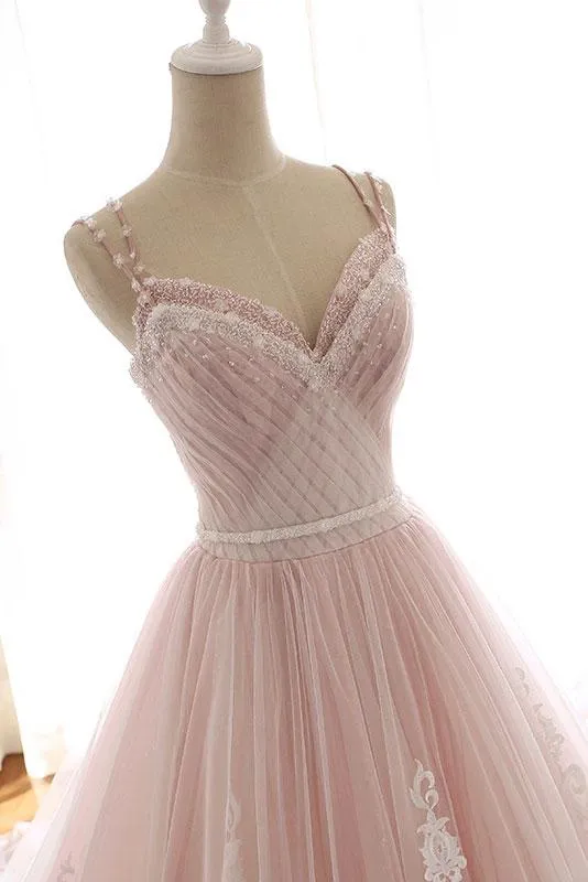 A Line Pink Beaded Prom Dresses Ball Gown Straps Evening Dress