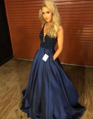 A Line Plunge Neckline Beaded Lace Navy Blue Prom Dresses Evening Dresses