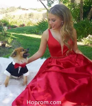 A Line Red Beaded Waist Prom Dresses 2018 Evening Dresses Onine