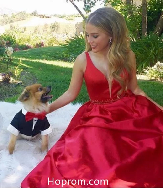 A Line Red Beaded Waist Prom Dresses 2018 Evening Dresses Onine