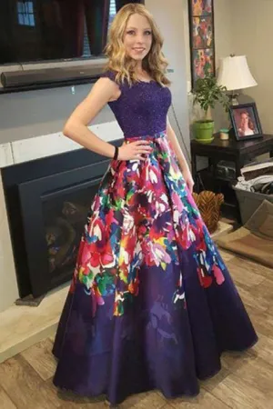 A-Line Round Floor-Length Dark Blue Floral Prom Dress with Beading OHC063
