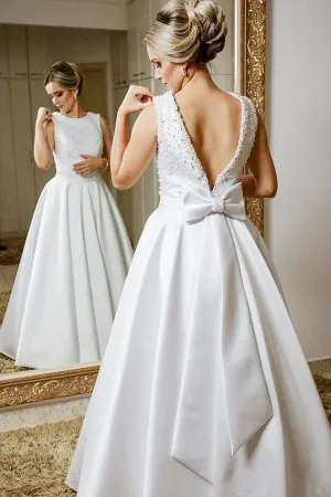 A-Line Round Neck Backless Floor-Length Wedding Dress with Beading Bowknot OHD029