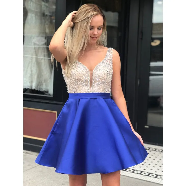 A Line Satin Beaded  Homecoming Dresses Sexy V-neck Short Prom Dress DKL1221