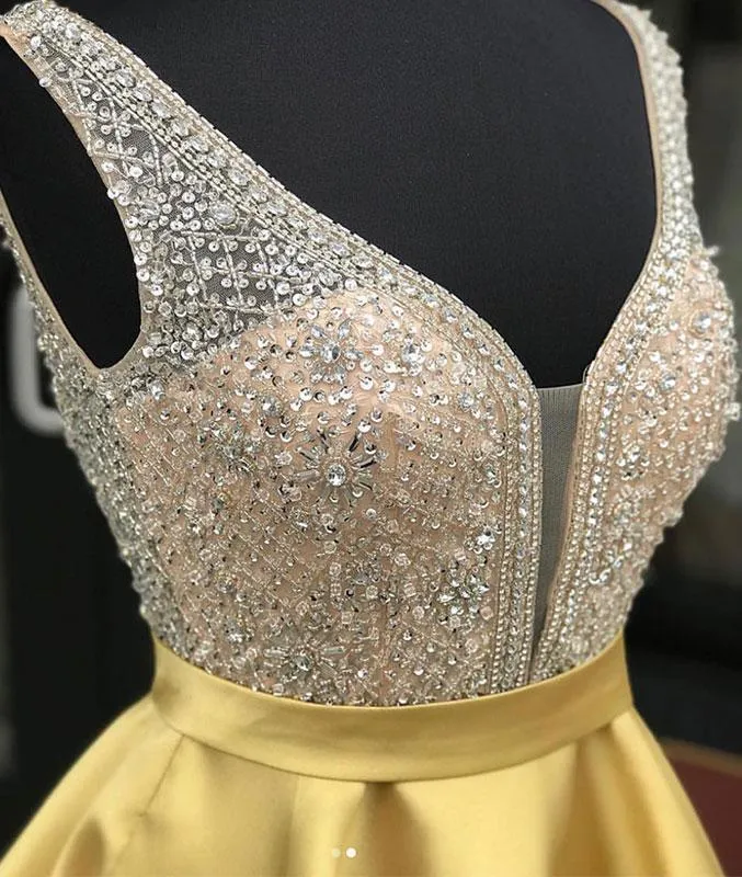 A Line Satin Beaded  Homecoming Dresses Sexy V-neck Short Prom Dress DKL1221