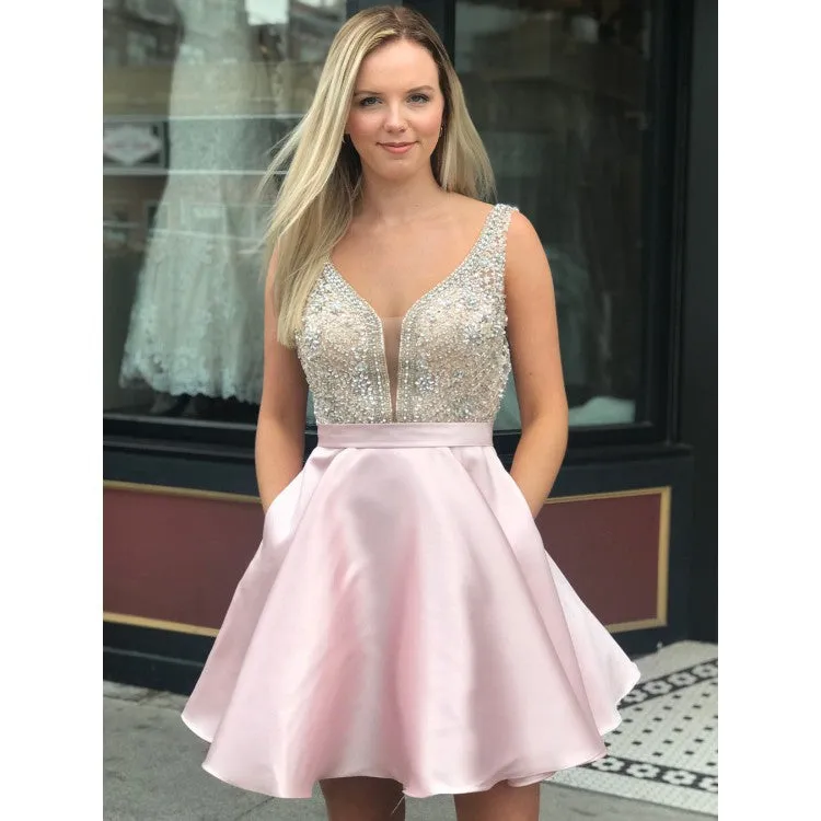 A Line Satin Beaded  Homecoming Dresses Sexy V-neck Short Prom Dress DKL1221