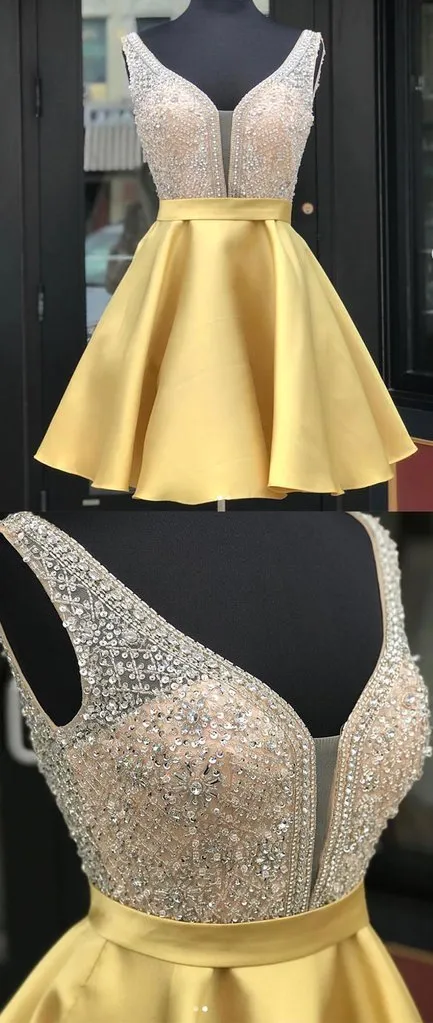 A Line Satin Beaded  Homecoming Dresses Sexy V-neck Short Prom Dress DKL1221