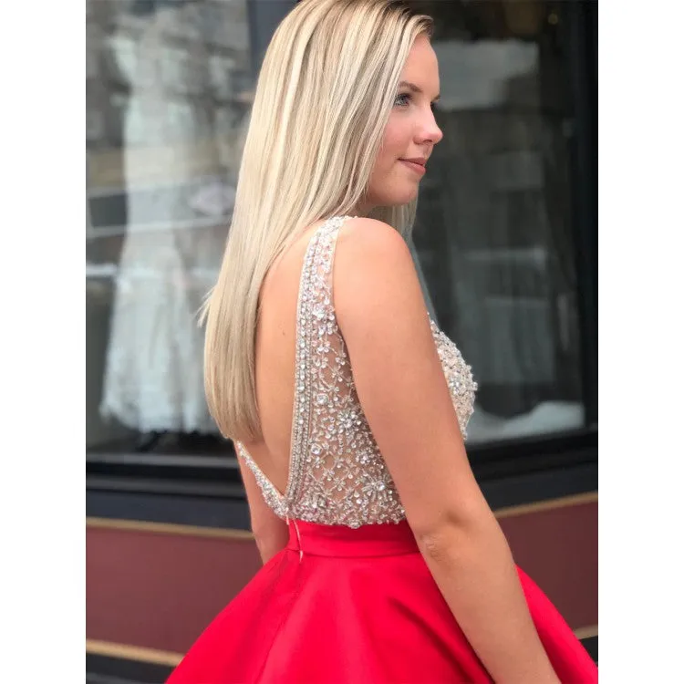 A Line Satin Beaded  Homecoming Dresses Sexy V-neck Short Prom Dress DKL1221