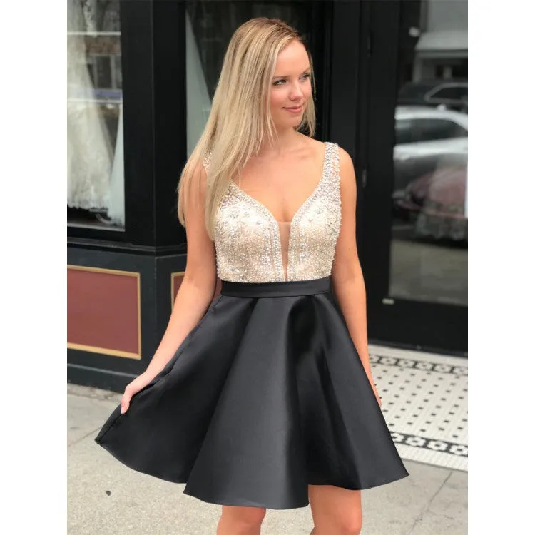 A Line Satin Beaded  Homecoming Dresses Sexy V-neck Short Prom Dress DKL1221